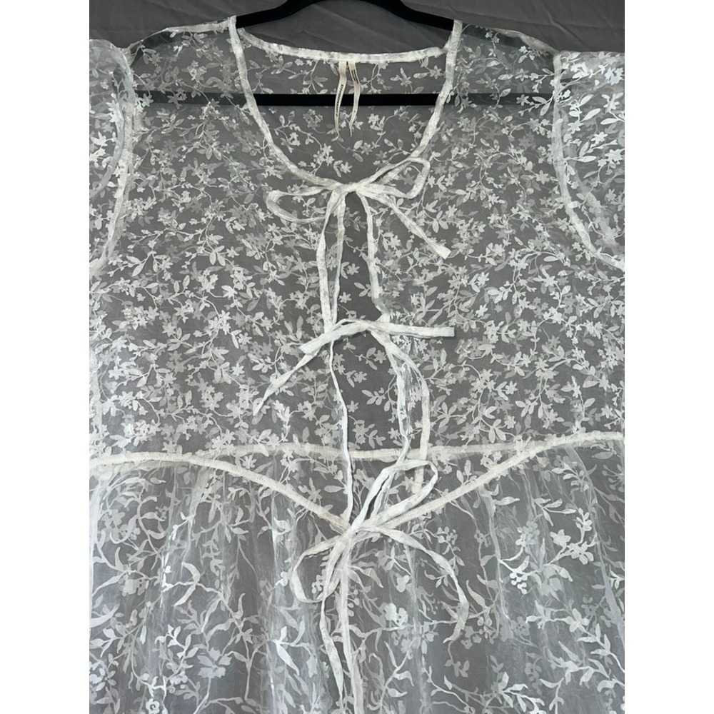 Anthropologie Sheer Floral Lace Maxi Duster Dress White Tie Front Puff Sleeve L - Picture 5 of 7